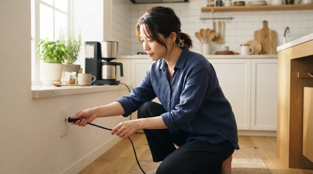 壁コンセントから電源コードを慎重に抜く日本人女性。電源点検の安全な初期対応を示す画像。