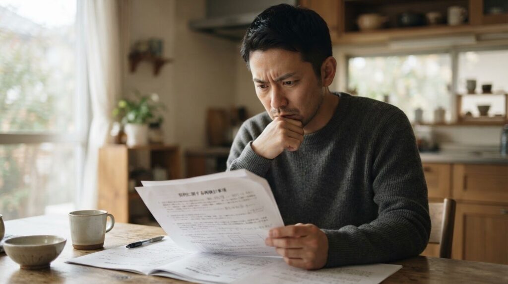 キッチンテーブルで取扱説明書を真剣な表情で読み返し、次の行動を再考する日本人男性。自己判断での分解や誤った薬剤使用への注意を促す画像。