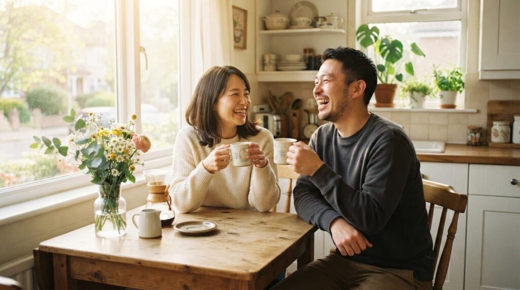 小さなキッチンテーブルで、新鮮な花と柔らかな朝の光の中、淹れたてのコーヒーを手に取った夫婦が小さな冗談で自然に笑い合っている30代日本人夫婦のライフスタイル写真
