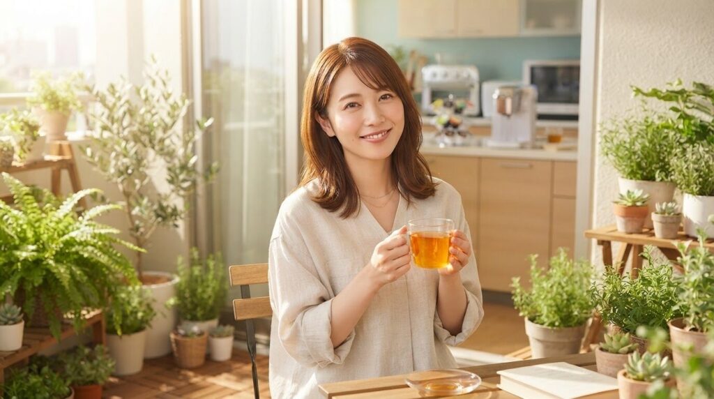 明るいバルコニーで琥珀色の浅煎りコーヒーをグラスの手に持つ日本人女性。室内に白いキューリグ本体が見える爽やかライフスタイル写真。
