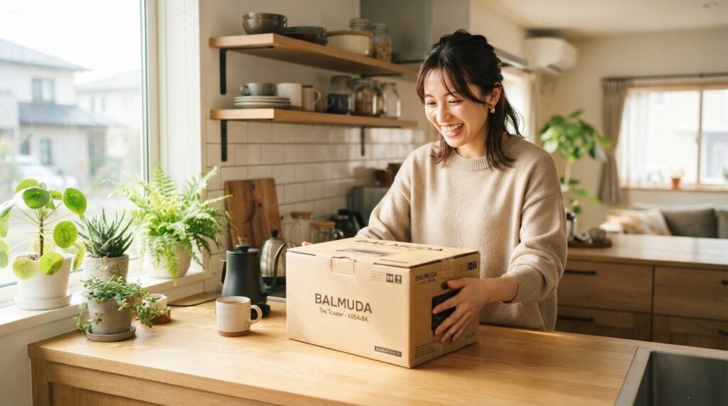 新しいコーヒーメーカーをカウンターに設置する日本人女性。買い替えの決断を満足げに実行するシーン