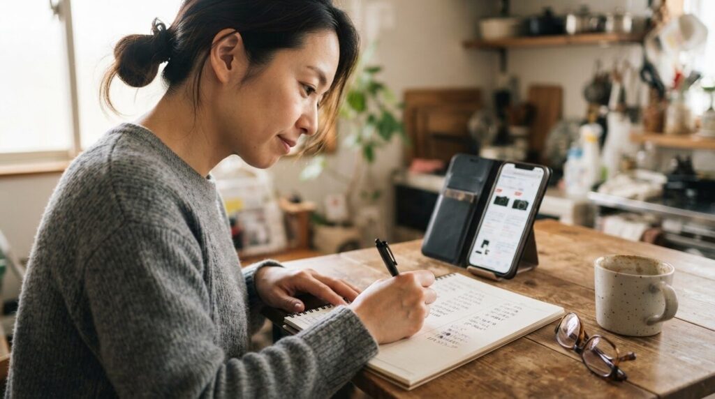 メモに本体型番と部品名を書き出している手元