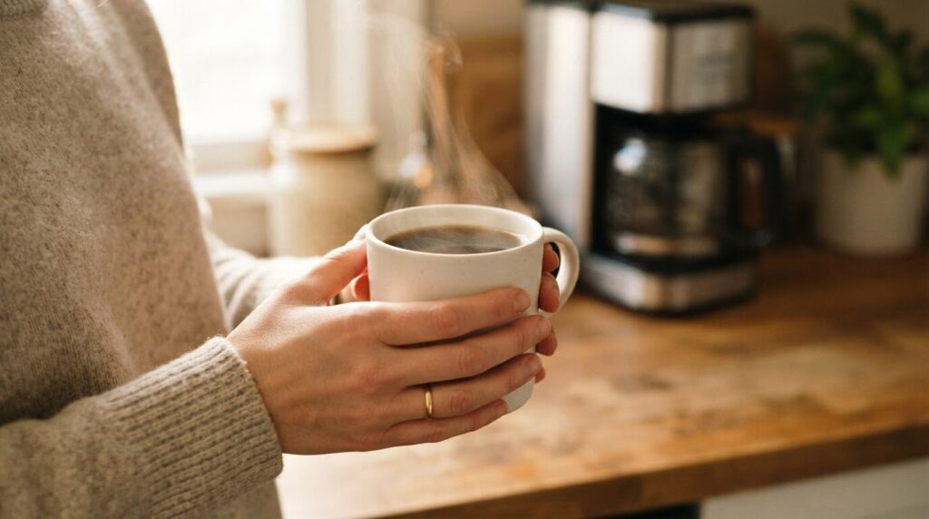 淹れたてのコーヒーをカップで味わう朝のひととき