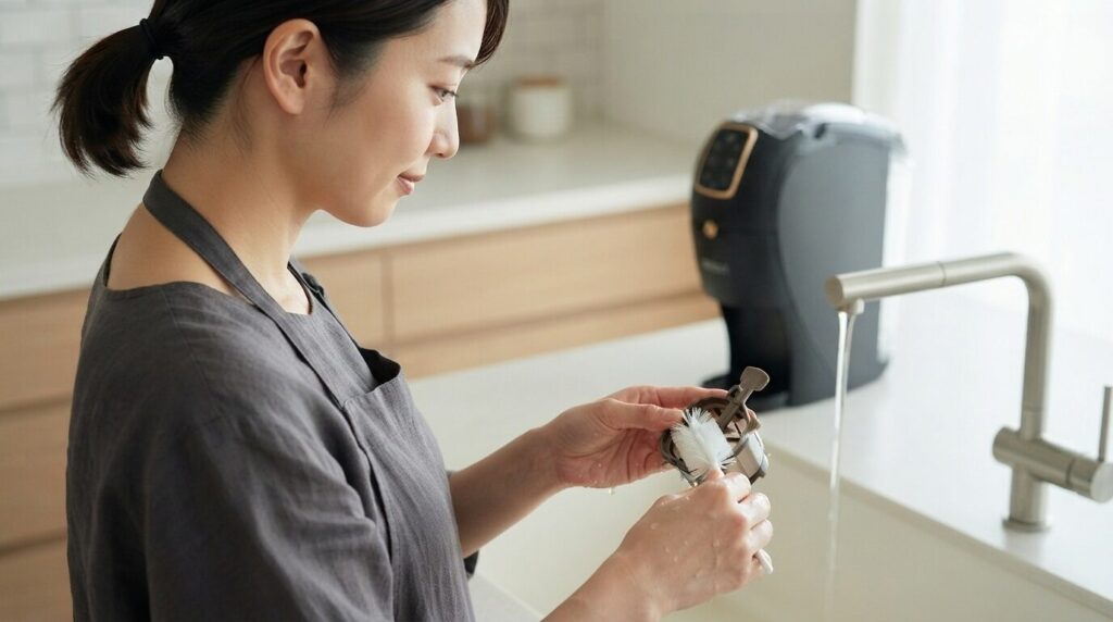 カウンター上のネスカフェバリスタから取り外した部品をやさしくスポンジで洗浄する日本人女性。緑点滅の解消に向け、日常的なお手入れを丁寧に行う落ち着いた姿勢を表現した画像。