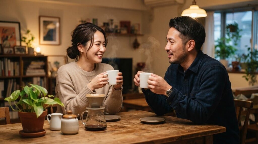 夫婦でテーブルを囲み温かいコーヒーを飲みながら寛ぐ日本人カップルの朝のシーン。カプセル代と日常の豊かなコーヒー時間を表現。