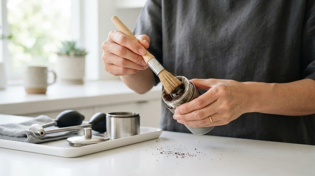 専用ブラシでミル部分のコーヒー粉を丁寧に取り除く日本人男性のメンテナンス風景