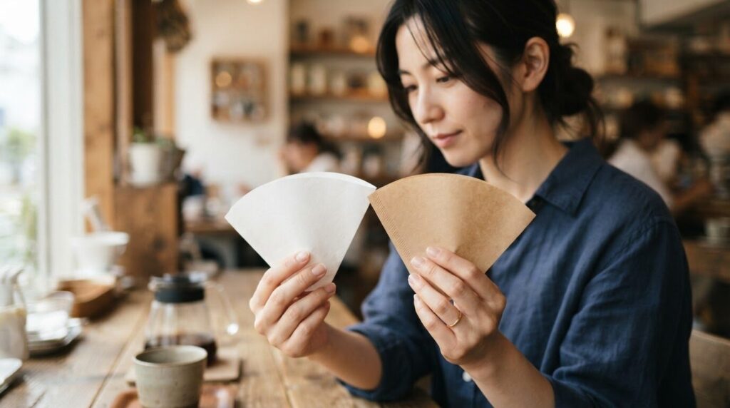 漂白された白い紙フィルターと、未漂白の茶色い紙フィルターを両手に並べ、素材感と色味の違いを比較している日本人女性の手元。