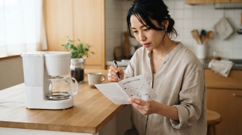 説明書を見ながら電動コーヒーメーカーを初期設定する場面