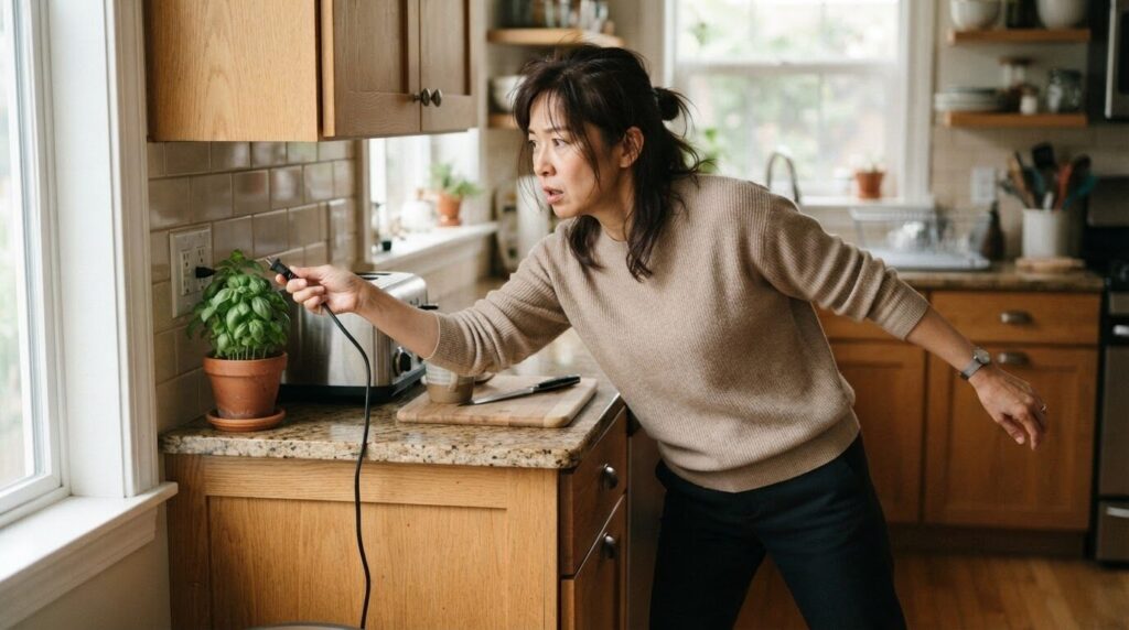 焦げ臭や異音を感じた際に、コンセントから電源プラグを慎重に抜き、警戒した表情で本体から離れる日本人女性。安全な初期対応シーン