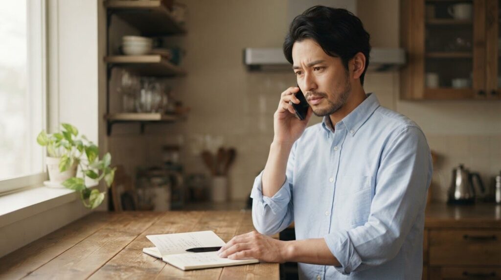 キッチンでスマートフォンでメーカーサポートに真剣に耳を傾ける日本人男性。