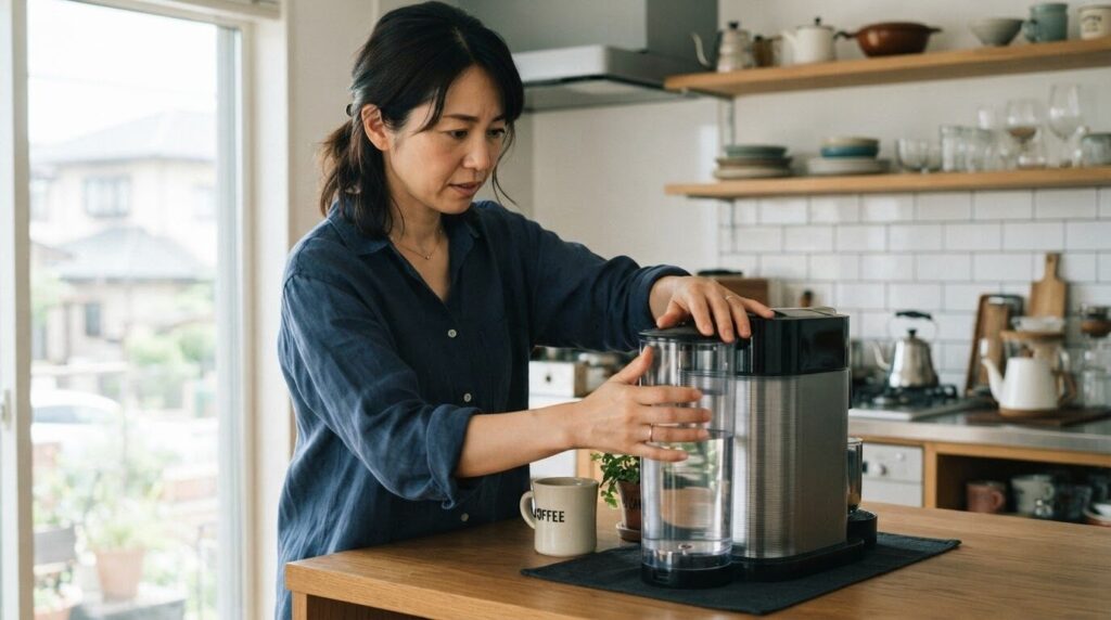 コーヒーメーカーの背面で水タンクを正しくカチっと装着し直す日本人女性のトラブル解決シーン