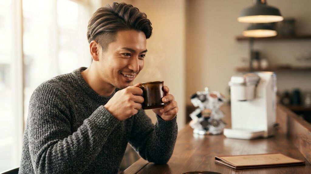 木目調のカフェカウンターで深煎りコーヒーのマグを満足げにすする日本人男性。背景のぼやけに白いキューリグ本体。