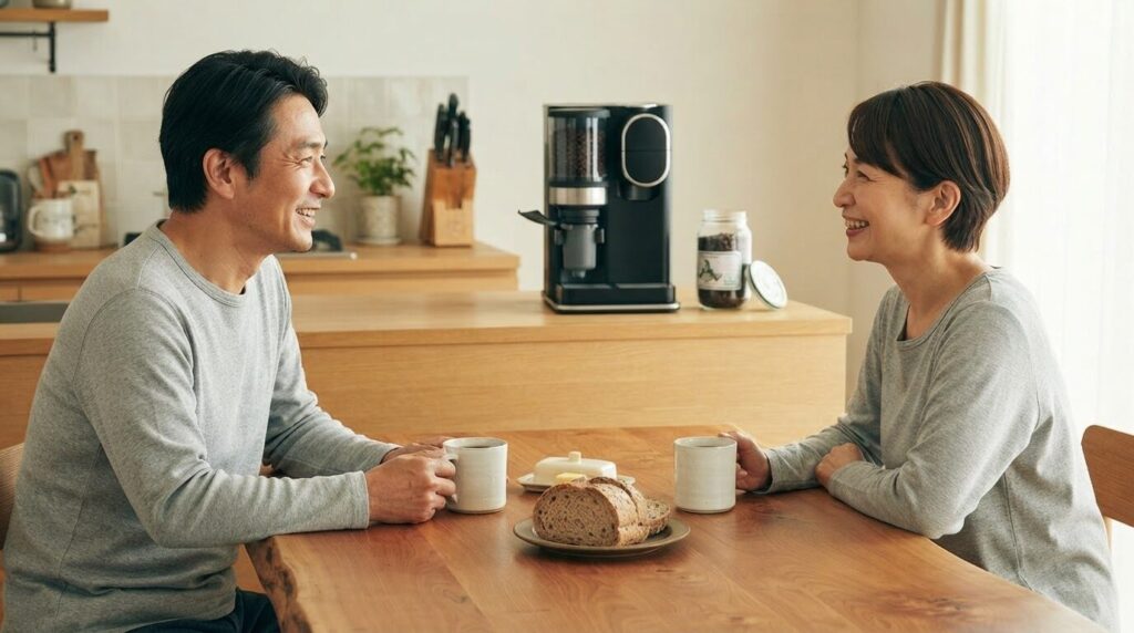 家族で朝食中に電動コーヒーメーカーで淹れたコーヒーを楽しむ様子