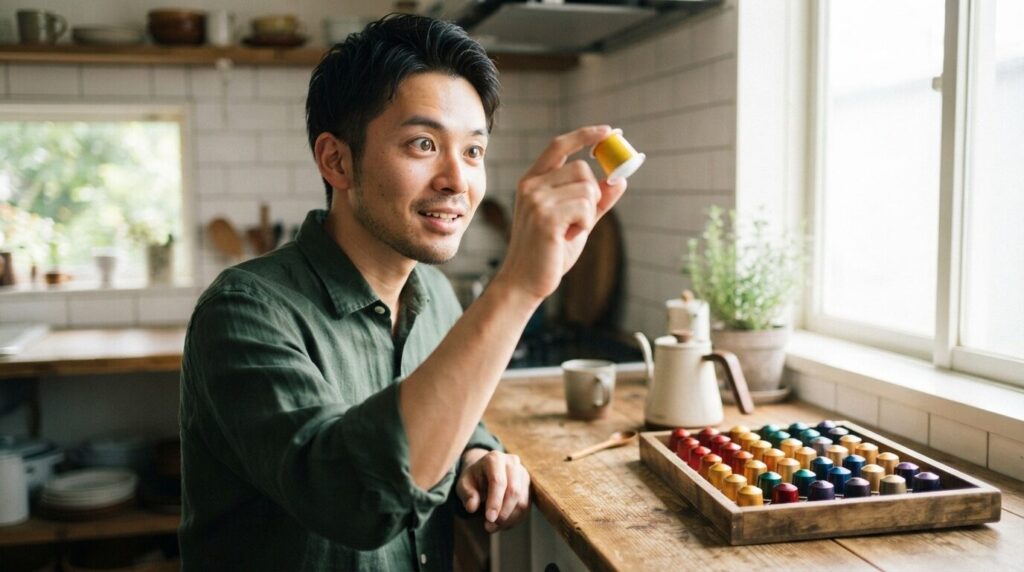 光にかざしてカラフルなカプセルを興味深く見つめる日本人男性。木製トレイに並べられたカプセルに囲まれた探索のひととき