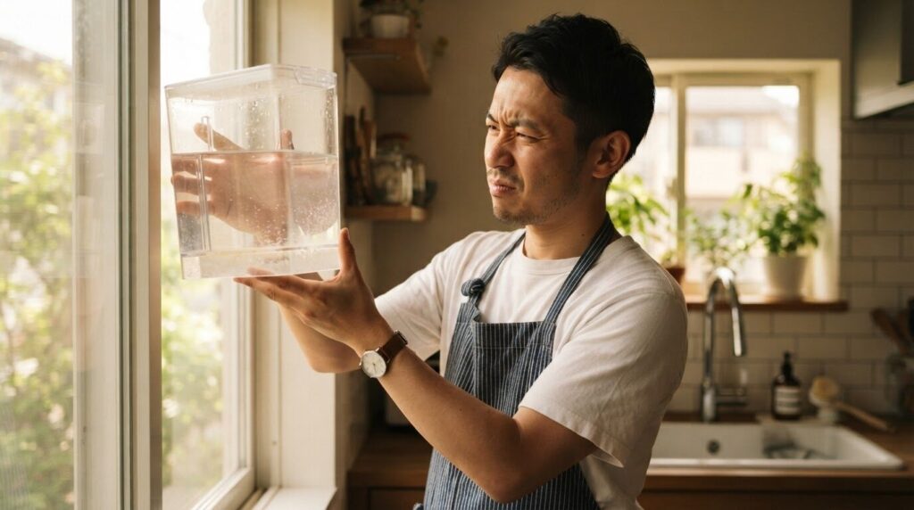 シンクで給水タンクを光に透かして水垢の有無を真剣な表情で点検する日本人男性。水垢による目詰まりの確認方法を補足する画像。