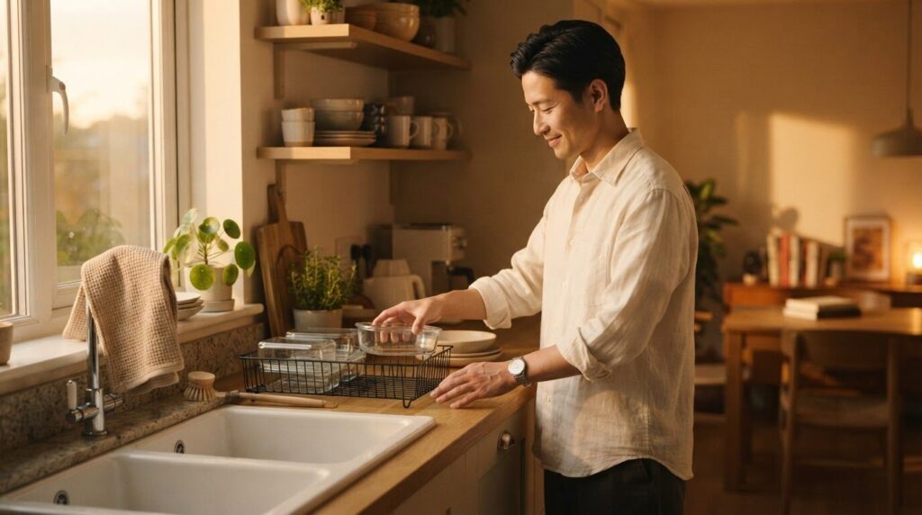 夕方の暖かい光の中、きれいなカウンターに洗った容器を水切りラックに丁寧に戻す日本人男性。