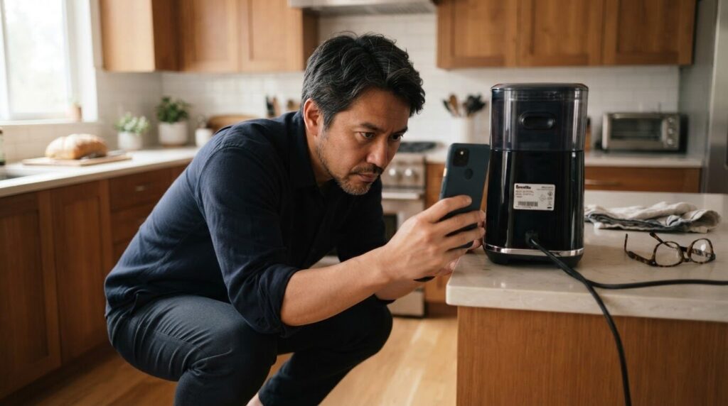 コーヒーメーカー背面の型番ラベルをスマートフォンで撮影する日本人男性。型番確認の具体的な手順を示す画像。