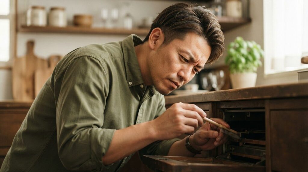 小さなブラシを手にミル内部の粉の通り道を注意深く確認する日本人男性。ミル付きの細部清掃手順を補足する画像。