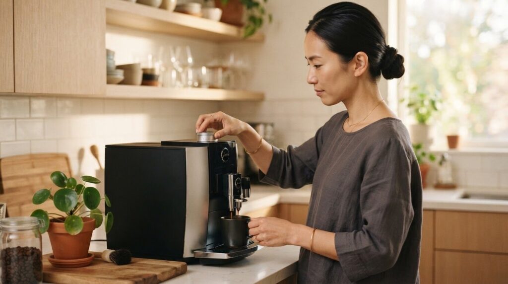 ひき目調節ダイヤルを慎重に操作しながら機械の動きを確認する日本人女性。シロカ製品の適切な調整作業シーン
