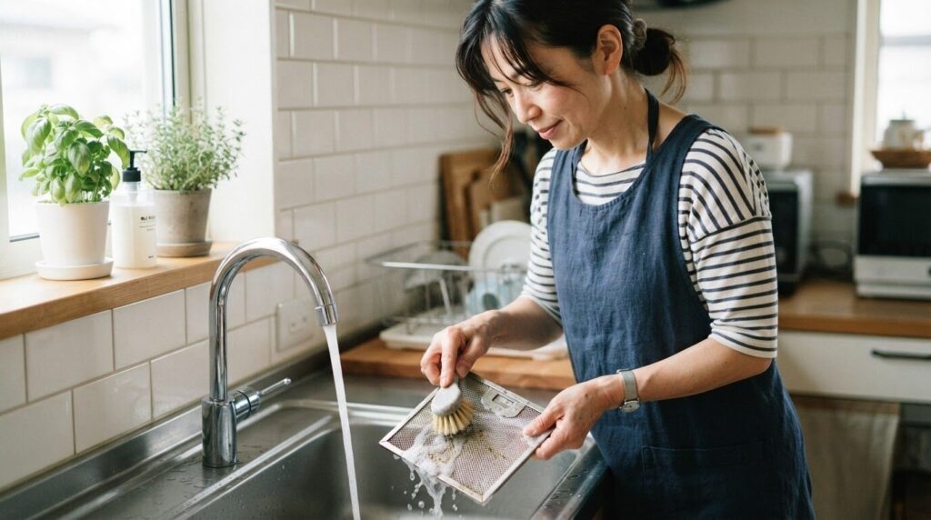 キッチンシンクでメッシュフィルターを丁寧にブラシで掃除する日本人女性