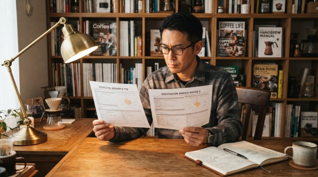 メガネを掛けながらデスクで2枚のスペックシートを並べて真剣に比較検討する日本人男性のリサーチ風景