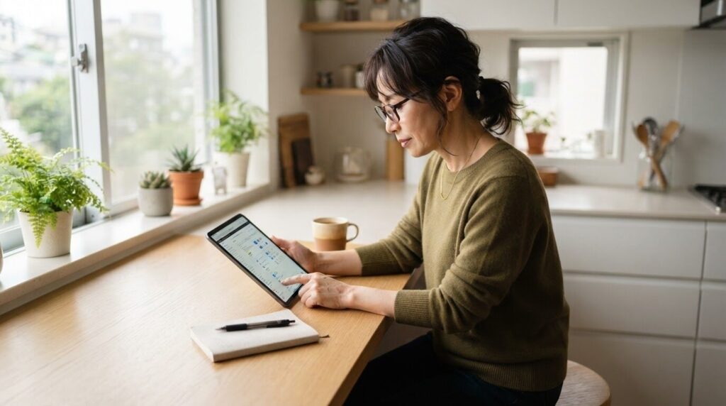 読書をしながらタブレットで製品仕様を確認する日本人の中年女性。保証や型番情報を慎重に調べる、購入前確認の重要性を表現した落ち着いたシーン。
