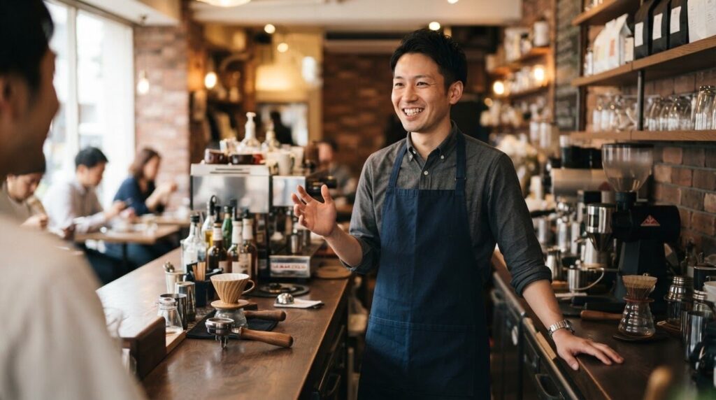 エプロンを着た日本人バリスタが、カウンター越しにコーヒーに関する質問に笑顔で答えている様子