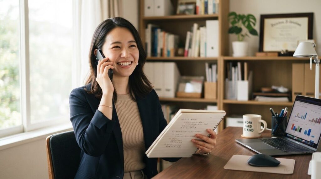 部品注文センターへ電話で在庫確認をする日本人女性。メモを取りながら問い合わせる信頼感のある姿勢
