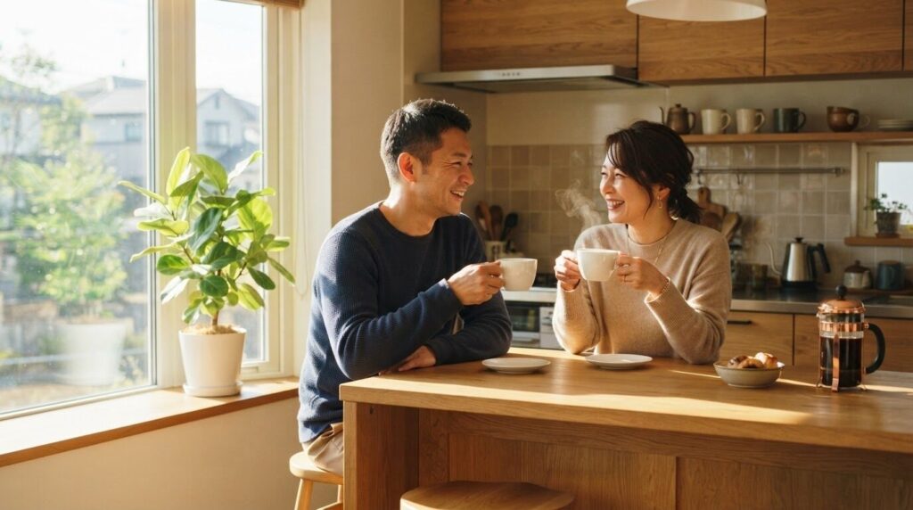 朝の光の中でバリスタのコーヒーを一緒に楽しむ40代の日本人夫婦の笑顔