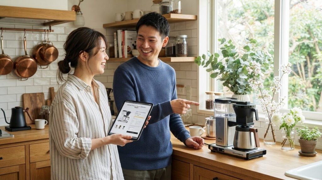 キッチンでタブレットを見ながらコーヒーメーカー選びについて話し合う笑顔の日本人夫婦。明るく開放的な空間で、暮らしのアイテムを選ぶ楽しさを表現する写真。