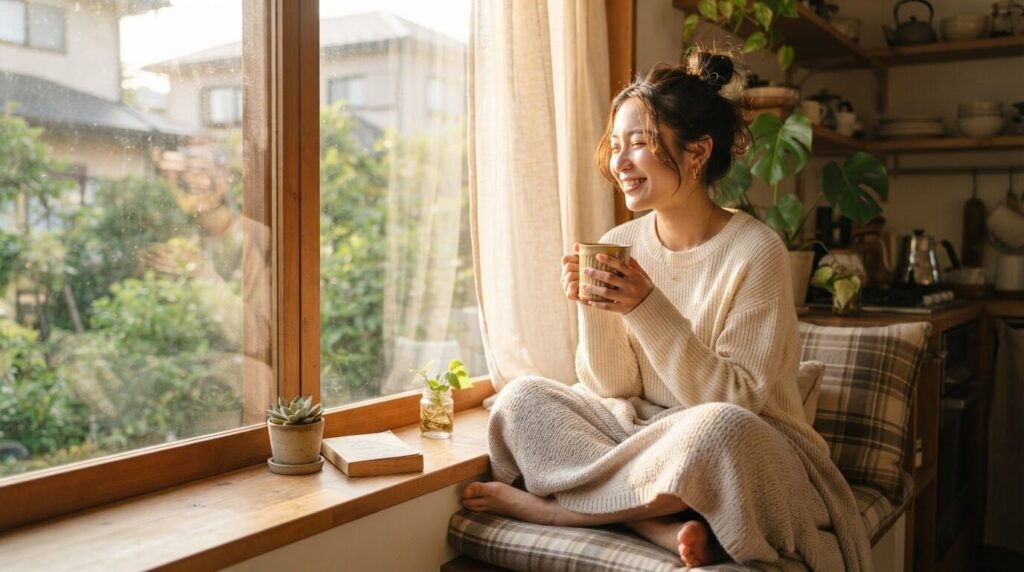 朝の柔らかな光の中、窓際で温かいコーヒーを両手で持つ日本人女性。問題解決後の穏やかなコーヒータイム