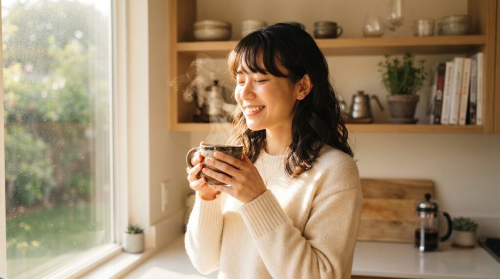 朝日の中で気に入りのマグカップのコーヒーを堪能する笑顔の日本人女性