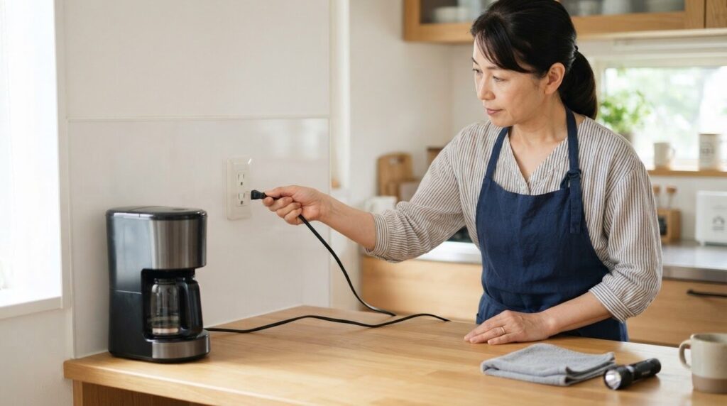 電源コードをプラグ本体を持って安全にコンセントから抜く電動コーヒーメーカーの使用イメージ