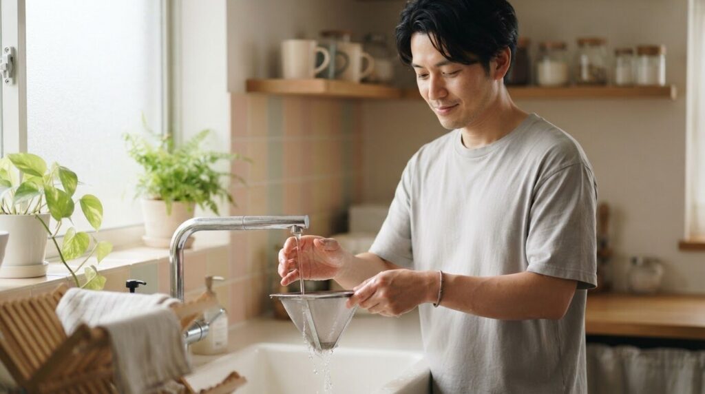 朝のリラックスした雰囲気の中で、シンクでメッシュフィルターを優しくすすぐ日本人男性。基本的な日常のお手入れ手順を表現する画像。