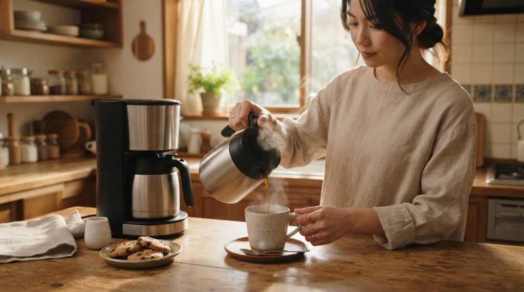 朝の光の中で電動コーヒーメーカーからカップにコーヒーを注ぐ穏やかな風景