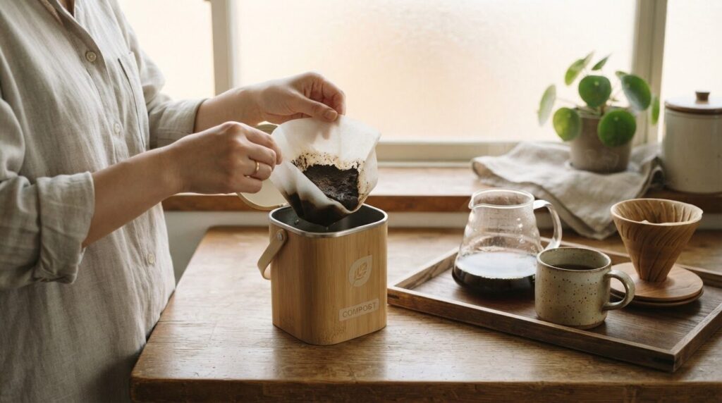 使用済みのコーヒーペーパーフィルターを小さなゴミ箱にすっと捨てる日本人女性の手元と、注ぎたてのコーヒーのある朝の風景