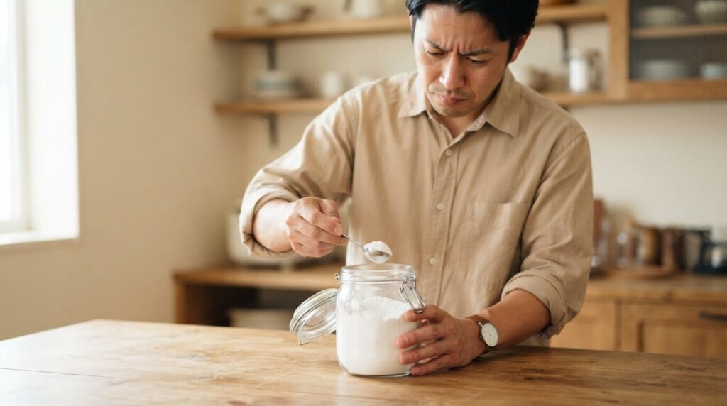 キッチンの明るい窓辺で、カウンターに接地したガラス瓶を支えながら、もう片方の手で計量さじを使い専用洗浄剤の量を正確に計量する日本人男性。