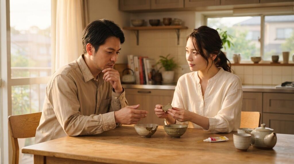 午後の暖かい光の中、リビングテーブルで修理と買い替えの判断を真剣に話し合う日本人夫婦。