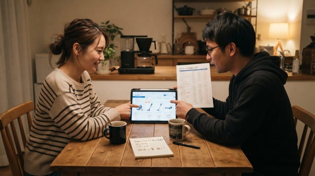夫婦で修理と買い替えを相談している夜のキッチン