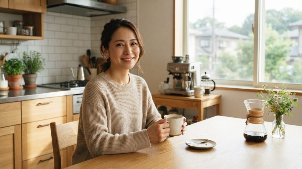 朝の陽光の中で淹れたてのコーヒーを両手で包み、ほっと安堵の表情で微笑む日本人女性。トラブル解消後の朝の安心感を示す画像