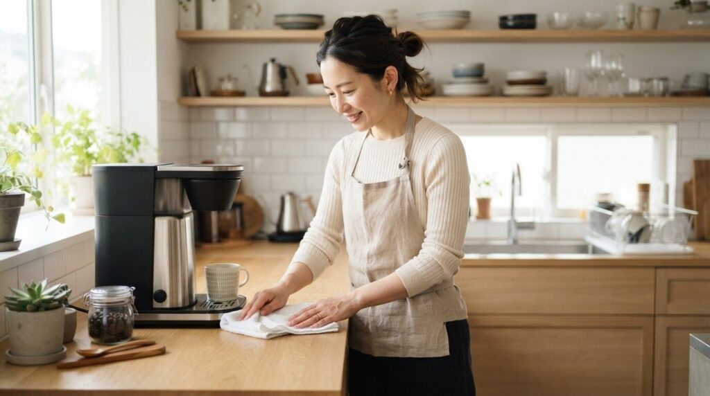 朝食の時間に家族でテーブルを囲み、親子がそれぞれコーヒーと紅茶を楽しむ温かい朝のキッチンの風景。