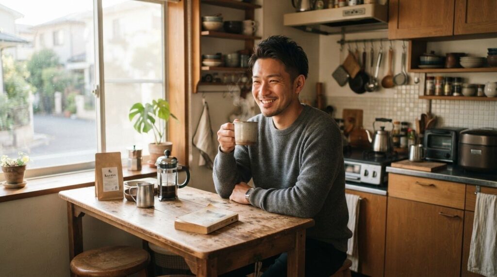 居心地の良い朝のキッチンで挽きたてコーヒーを満足げに味わう日本人男性