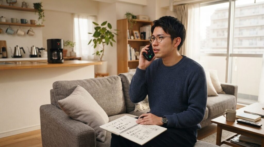 ソファに座りスマートフォンでカスタマーサポートに相談する日本人男性。公式サポートへの相談姿勢を表現。