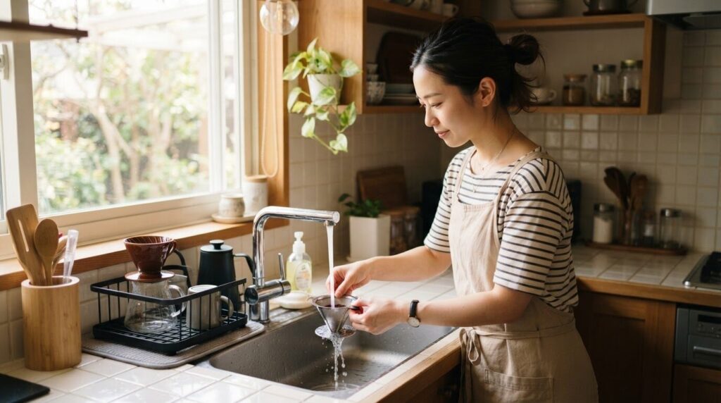 キッチンでメッシュフィルターを丁寧に手洗いする日本人女性。日常の手入れ工程の重要性を視覚的に表現。