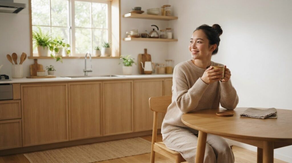 清潔に保たれたシンクと整理整頓されたキッチンで、朝の光のなかゆったりとコーヒーを味わう日本人女性