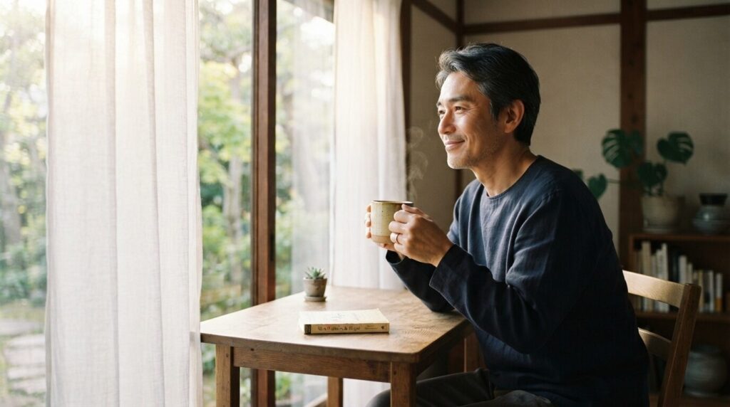 早朝の窓辺で温かなマグカップを両手で包んで静かに微笑む日本人男性の、穏やかで満ち足りた朝のコーヒータイム。