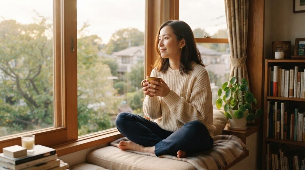 明るい窓辺のseatで両手にマグカップを持ち、遠くを眺めながら満足げに微笑む日本人女性の朝の締めくくりのひととき
