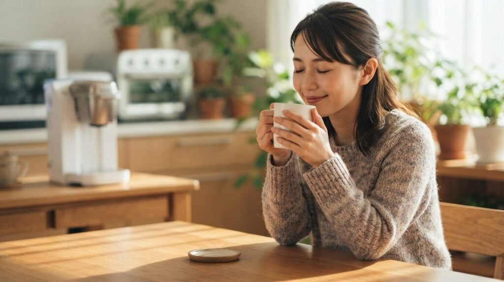 木のテーブルで淹れたてのコーヒーを両手で包み、目を細めてほっとした表情で味わう日本人女性。背景に白いキューリグ本体。