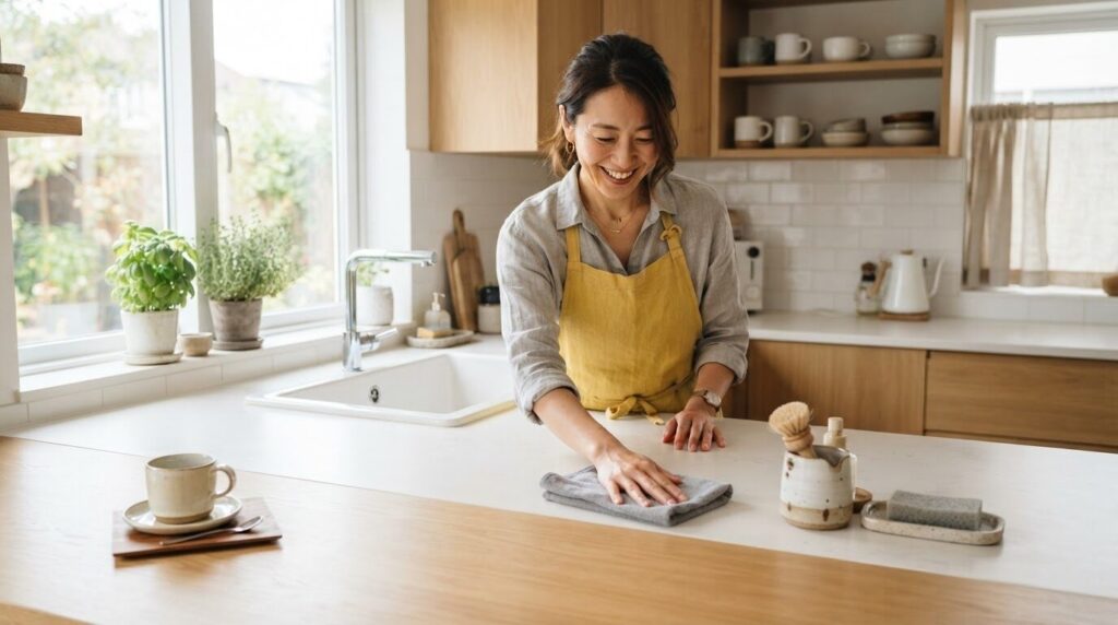 黄色いリネンエプロンを着た日本人女性が、マイクロファイバークロスでキッチンカウンターを拭いている。明るく清潔なスカンジナビア風キッチン