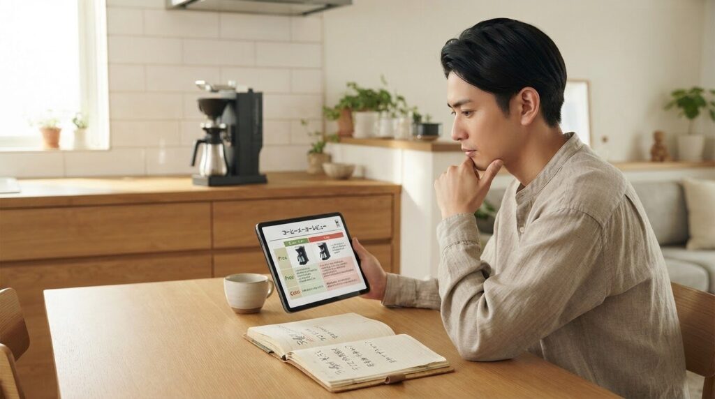 自宅で電動コーヒーメーカーの口コミや価格を検討している日本人男性